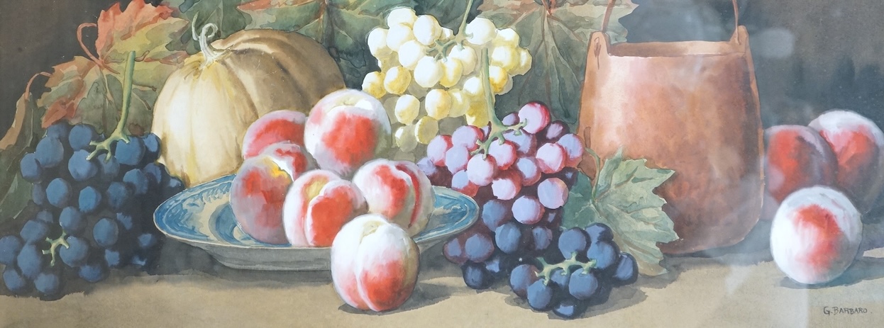 Giovanni Barbaro (1864-1915), watercolour, Still life of fruit and leaves, signed, 30 x 77cm
